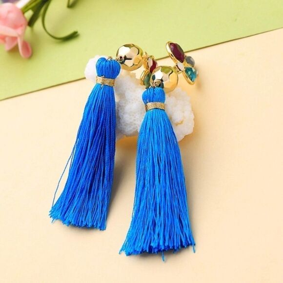 Blue Tassel Fringe Floral Crystal Rhinestone Gold Dangle Statement Earrings - Picture 9 of 11